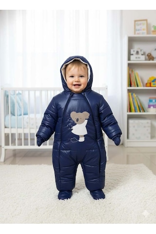 Bebek İçi Kürklü Çıkabilen Patik Ve Eldivenli Astronot Tulum Lacivert