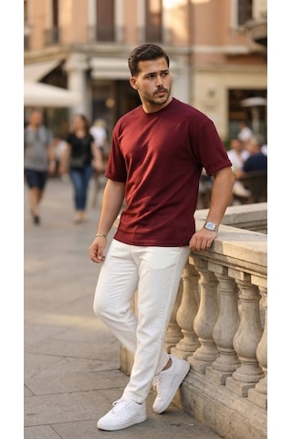 Veraura Lifestyle Erkek Duble Kol Basic Tişört Bordo
