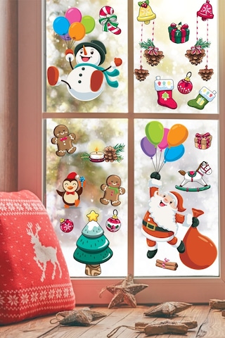 Balonla Uçan Noel Baba Ve Kardan Adam Yılbaşı Süsleri Pencere Duvar Sticker