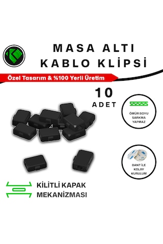 10 Adet Kilitli Masa Altı Kablo Klipsi - Güçlü 3m Bantlı Kablo Yönlendirici Ve Düzenleyici Kelepçe - Siyah