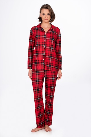 Kadın Süet Önden Düğmeli Pijama Takımı Ekose Kırmızı Kırmızı - Siyah