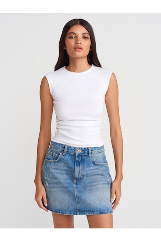 Dilvin 21054 Büzgülü Basic T-shirt-beyaz Beyaz