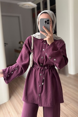 Ka Hijab Çıtçıt Detay Beli Büzgülü Takım - Mürdüm