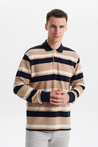 AR-MA Arma Erkek Ribanalı Büyük Beden Battal Boy Çizgili %100 Pamuk Ringel Ottoman Kumaş Polo Yaka Düğmeli Sweatshirt K30554801702 Lacivert