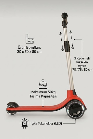 Led Işıklı Silikon 3 Tekerli Katlanabilir Yükseklik Ayarlı 50kg Taşıma Kapasiteli Çocuk Scooter Kırmızı