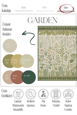 Garden 811 Yeşil Bej Botanik Çiçekli Halı Yıkanabilir İnce Dokuma Taban Salon Oturma Odası Halısı Yeşil Bej B