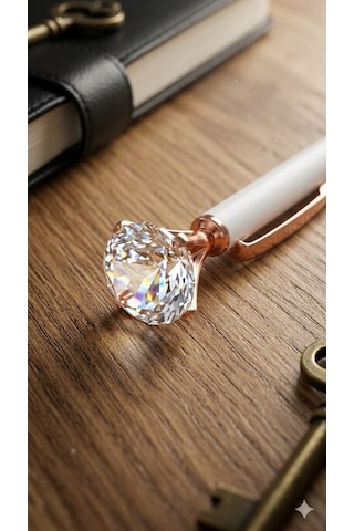 Rose Gold Detaylı Kristal Taşlı Beyaz Tükenmez Kalem Mavi