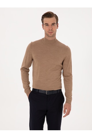 Cacharel Camel Slim Fit Yün Karışımlı Yarım Balıkçı Basic Triko Kazak Kahverengi