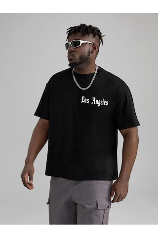 Erkek Siyah Oversiz Los Angeles Baskılı Örme T-shirt Siyah