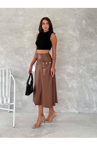 Kadınyüksek Bel Cep Ve Düğme Detay Fırsat Ürün Midi Boy Deri Etek Kahve