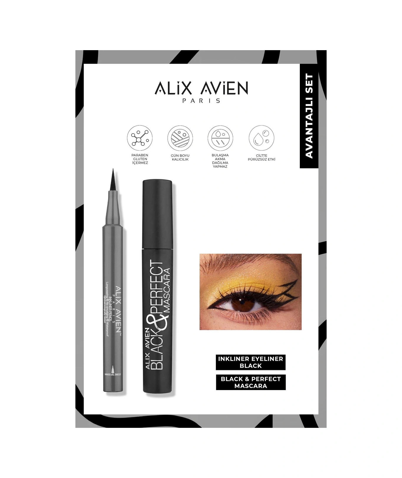 Alix Avien Uzun Süre Kalıcı Dolgunlaştırıcı Hacim Veren Topaklanmayan Suya Dayanıklı Siyah Göz Makyaj Seti
