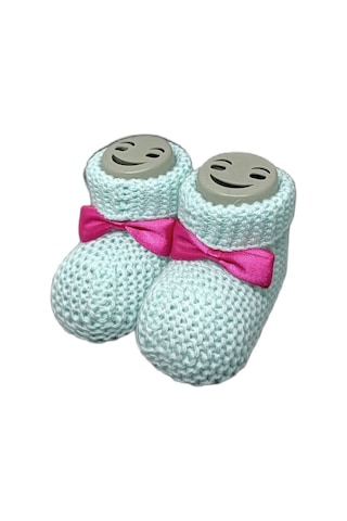 Bebek Patik, Fiyonklu Örme Dikişsiz Bebek Patiği, Triko Örgü 0-12 Ay Beyaz - Pembe
