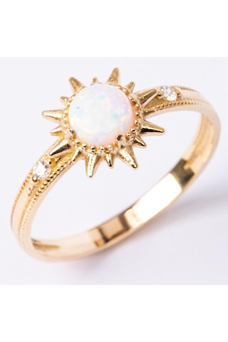 Gümüş Yüzük - Oval Kesim Opal Taşlı Güneş Tasarım 925 Ayar Gümüş Yüzük Sarı