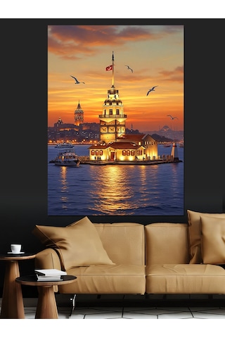 Ahşap Tablo Gece Işıkları Altında İstanbul Kız Kulesi