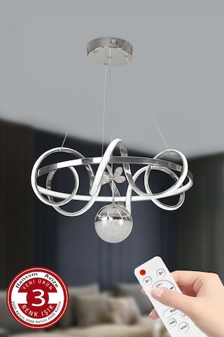 3 Renk Kumandalı Toplu Led Avize Güneş Krom Büyük Boy Salon Gümüş