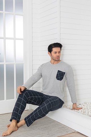 Sude Homewear Erkek Ekoseli Cepli Uzun Kollu Pijama Takımı Gri