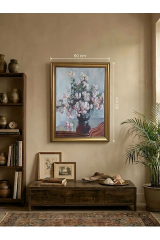 Gold Çerçeveli Nostaljik Vazoda Monet Kasımpatı Çiçekleri Tablosu - Lüx Salon Tablosu
