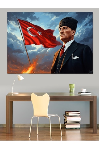 Türk Bayrağı Ve Atatürk Portresi Dekoratif Kanvas - Mdf Ahşap Tablo