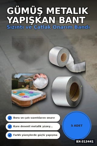 Kare Desenli Gümüş Metalik 10cmx5m Yapışkan Bant 5li Paket Çatı Duvar Boru Onarım Bx-313441 6997