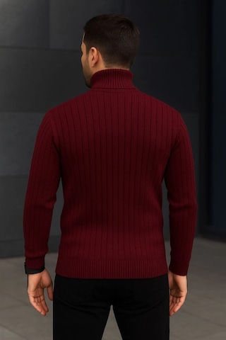 Erkek Balıkcı Yaka Bağazlı Triko Kazak Pamuklu Kalın Fitilli Dokuma, Regular Fit Uzun Kollu Kışlık Model - Bordo Bordo