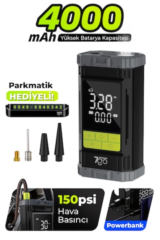 7a6 Turbo Boost Şarjlı Hava Pompası 150 Psı Taşınabilir Lastik Şişirme Kompresörü 4000mah Powerban