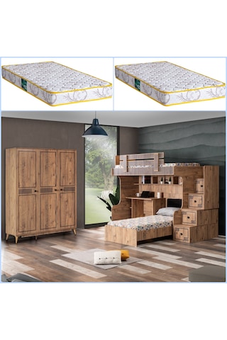 Setaymobilya Ranza, Natural Ranza Karyola Çalışma Masası Dolap+2 Comfort Yatak