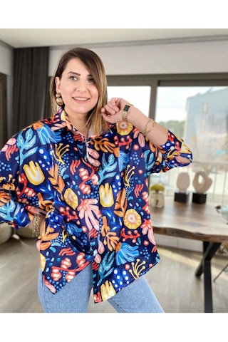 Bkuzer Saks Mavisi Desenli Şık Gömlek Mavi Desenli