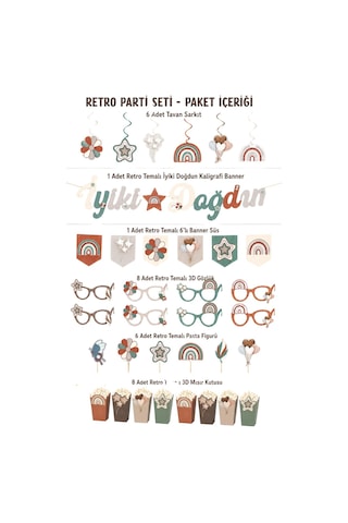 Retro Temalı Doğum Günü Parti Seti İyi Ki Doğdun Banner, Tavan Sarkıt, Gözlük, Pasta Süsü Ve Mısır Kutusu Krem