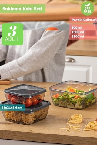 3 Lü Kare Saklama Kabı Seti Erzak Kabı Buzdolabı Kabı Bpa Free Şeffaf