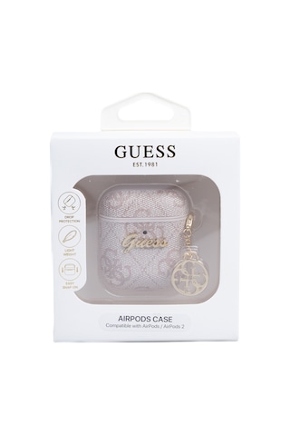 Apple Uyumlu AirPods Kılıf Guess Lisanslı 4g Desenli Metal Script Logolu 4g Charm Sağdan Askılı Pu Deri Pembe
