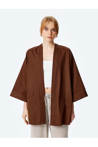 Koton Pamuklu Cepli 3/4 Geniş Kol Oversize Kimono Kahverengi 5sak50001ew Kahve Kahverengi