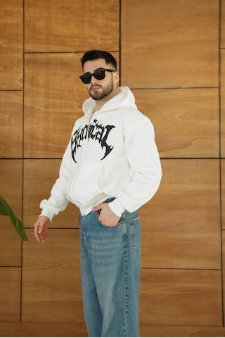 Vexor Erkek Kapüşonlu 3 İplik Şardonlu Önü Baskılı Fermuarlı Oversize Sweatshirt - Beyaz 4118168