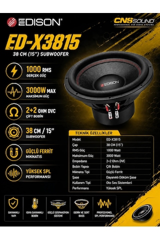 Edison Ed-x3815 38 Cm 1000 Rms 3000w 2+2 Ohm Oto Bass Subwoofer