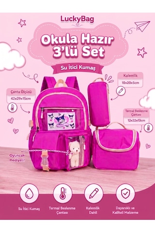Kore Kawaii Tarzı Erkek Kız Okul Çantası Aksesuarlı Kız Çocuk Ve Erkek Çocuk Sırt Çantası 3'lü Set Pembe