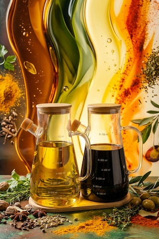 Makri Home 2'li 900 Ml Bambu Kapaklı Ve Altlıklı Borosilikat Cam Yağdanlık, Isıya Dayanıklı, Yağ/sirke/sosluk Sarı