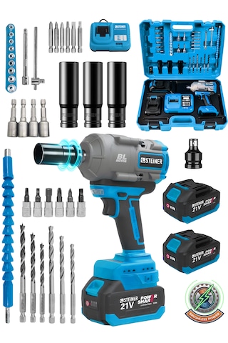 Steiner 21v 1100 Nm Kömürsüz Torklu Çift Akülü 10 Pilli 1/2 Mavi Şarjlı Somun Sıkma Sökme Makinesi + 38 Parça