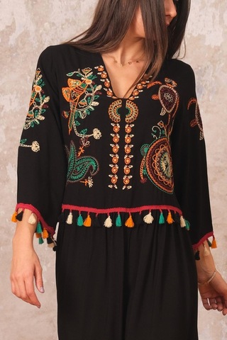 Kadın Siyah V Yaka Önü Ve Kolları Otantik Nakışlı Püsküllü Uzun Elbise-sıyah Siyah