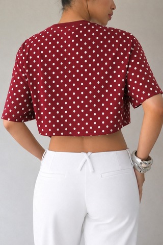 Hımmelduf Kadın Puantiye Desenli Crop Tişört Basic Oversize Yazlık Bluz Bordo