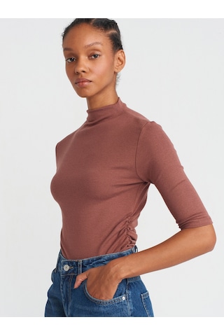 Dilvin 31470 Dik Yaka Büzgülü T-shirt Kahverengi Kahve