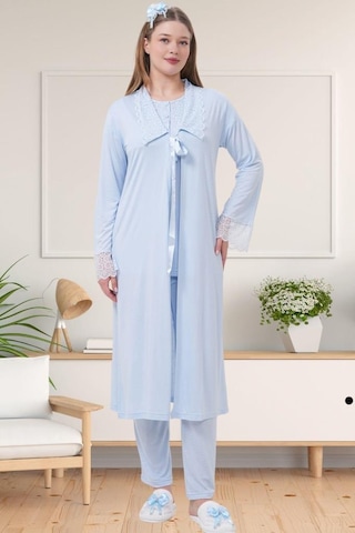 Mecit Pijama Mecit 1541 Bayan Hamile Lohusa Mavi Uzun Sabahlıklı Pijama Takımı