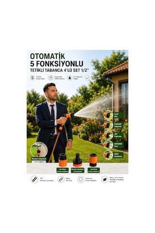 Otomatik 5 Fonksiyonlu Tetikli Bahçe Sulama Tabancası 4'lü Set 1/2" Musluk Adaptörü + 2 Adet Jak Girişi Bahçe, Araç Ve Temizlik İçin