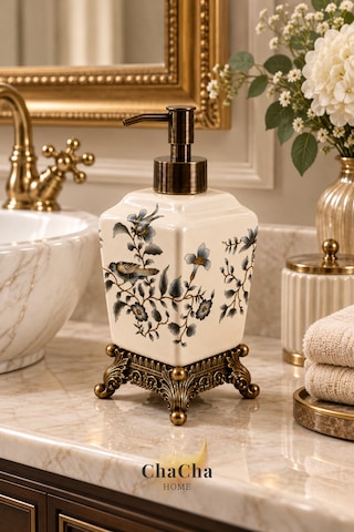 Chacha Home Aurelia Seramik Sıvı Sabunluk 470 Ml Antik Bronz Görünümlü Ayaklı Ve Pompalı 22 Cm Açık Gri