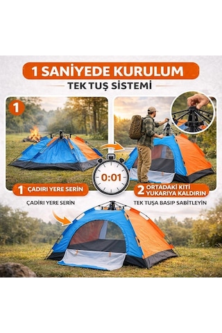 Buffer 6 Kişilik Otomatik Kurulum Kamp Çadırı Outdoor Aile, Doğa, Suya Dayanıklı Hızlı Kurulum Çadır 220x250x160 Cm Sarı