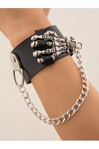 Tevdı Zincirli Kafatası Punk Metal Eko Deri Bileklik 198603655 Siyah