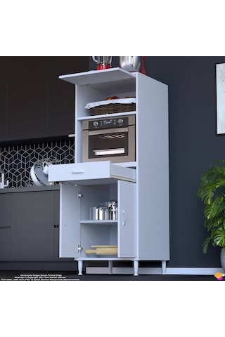 Modilayn Oslo 60x162,4x56 Cm, 1 Çekmece, 3 Kapaklı. Ekmeklik / Fırın / Mikrodalga Dolabı. Beyaz