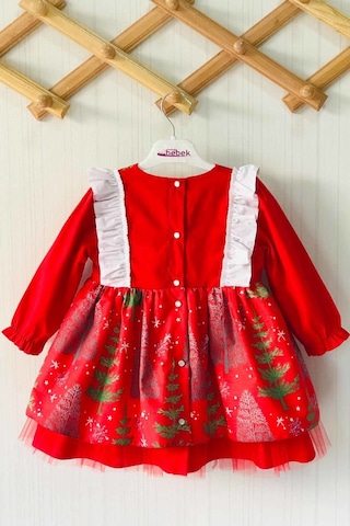 Yeniyıl Çam Ağaç Desenli Kırmızı Kız Çocuk Bebek Noel Elbise 001