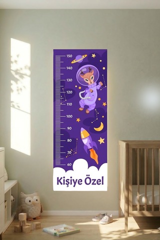Kişiye Özel Yavru Geyik Temalı Dekoratif Çocuk Boy Ölçer Sticker Duvar Cetveli Takip Çizelgesi Mor