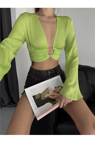 Saten Crop Toka Detaylı Bluz - Yeşil Karışık