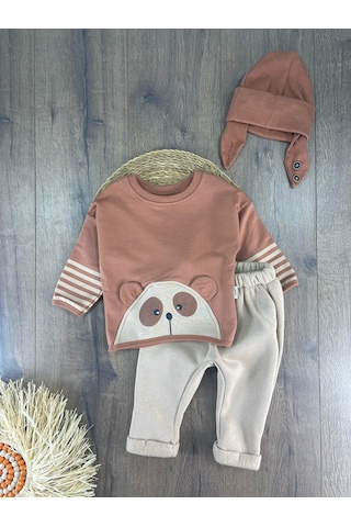 Oversize Şerit Detaylı Yumuşak Doku Bereli Erkek Bebek 3'lü Takım Kahverengi