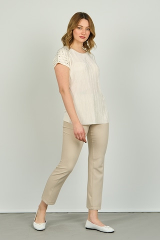 Ella Camelia Kadın Omzu Taş Detaylı Desenli Bluz 18e013 Krem